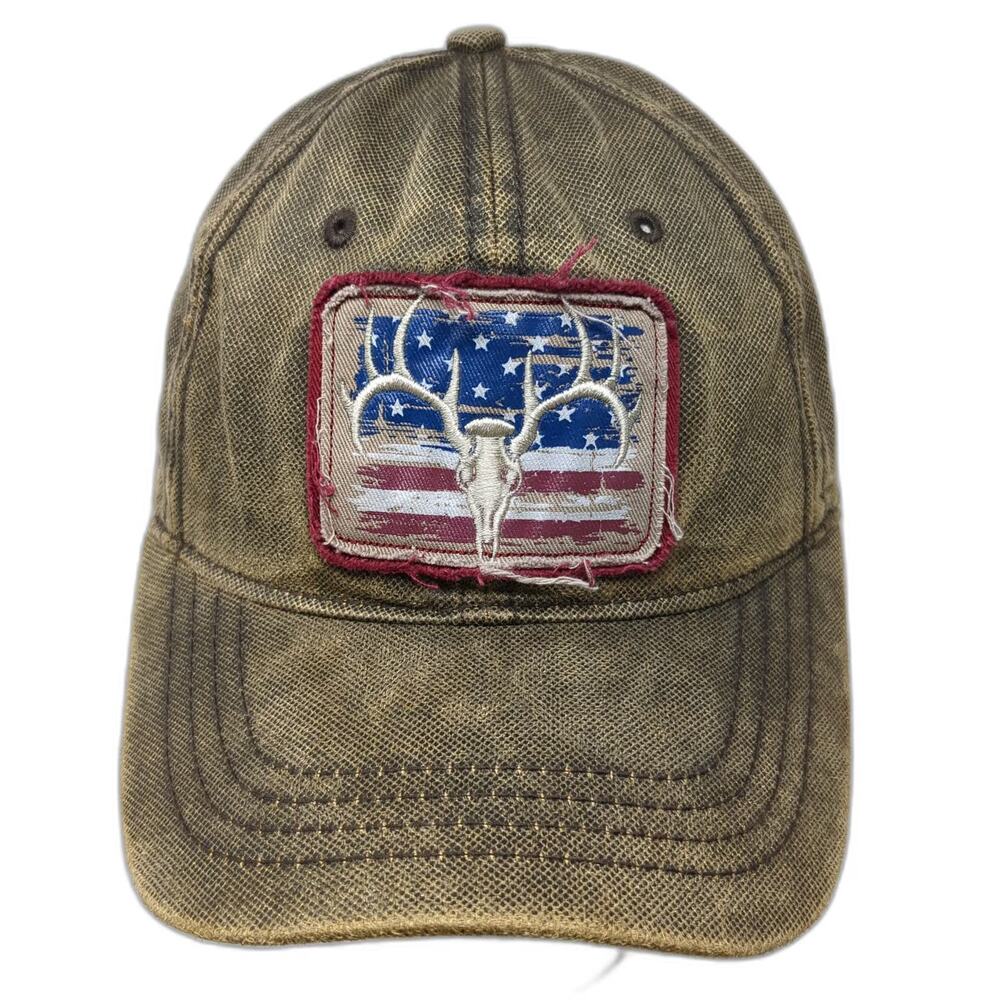 Field & Stream Baseball Cap Brown OSFM American Flag Deer Antler Strapback Hat